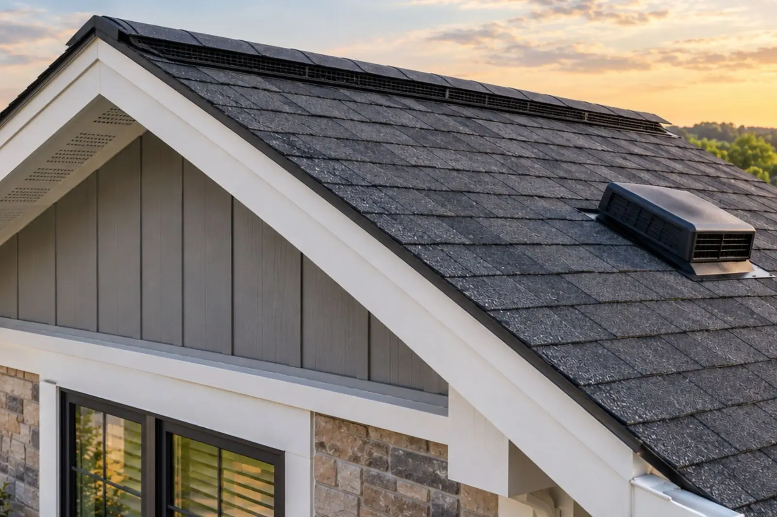 Gable roof with roof vents and dark shingles