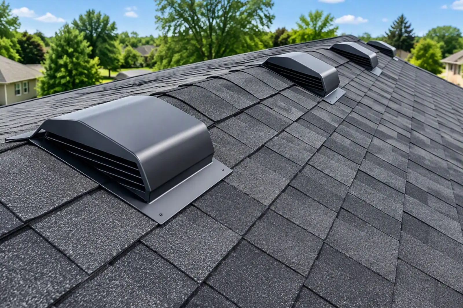 Row of static roof vents on a shingle roof