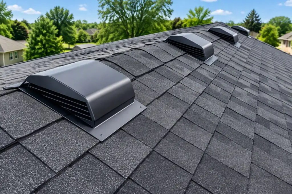 Row of static roof vents on a shingle roof
